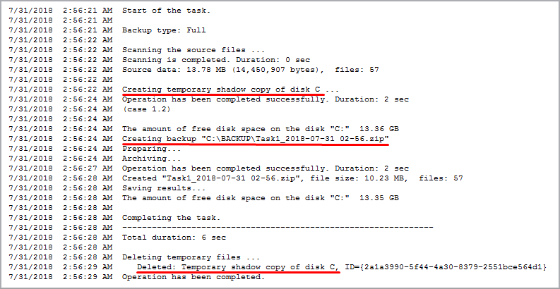 VSS Backup: executing a backup job for the locked files using a shadow copy