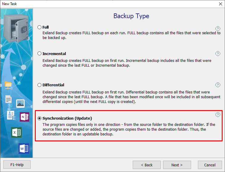 Choose backup type Synchronization (Update)