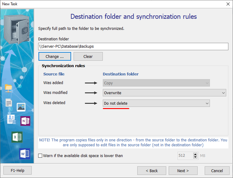 Destination folder and synchronization rules