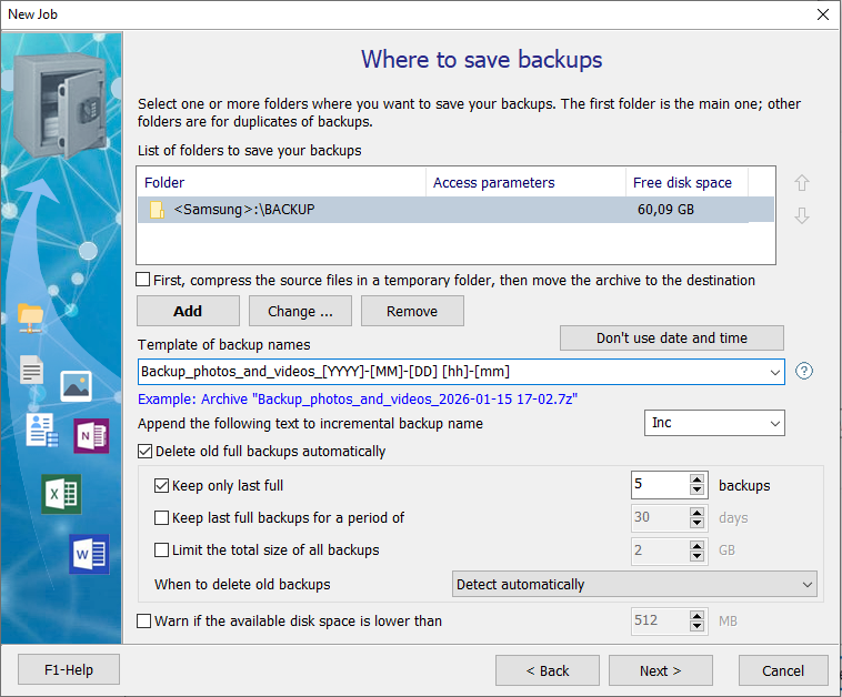 Folder on an external drive for storing backups