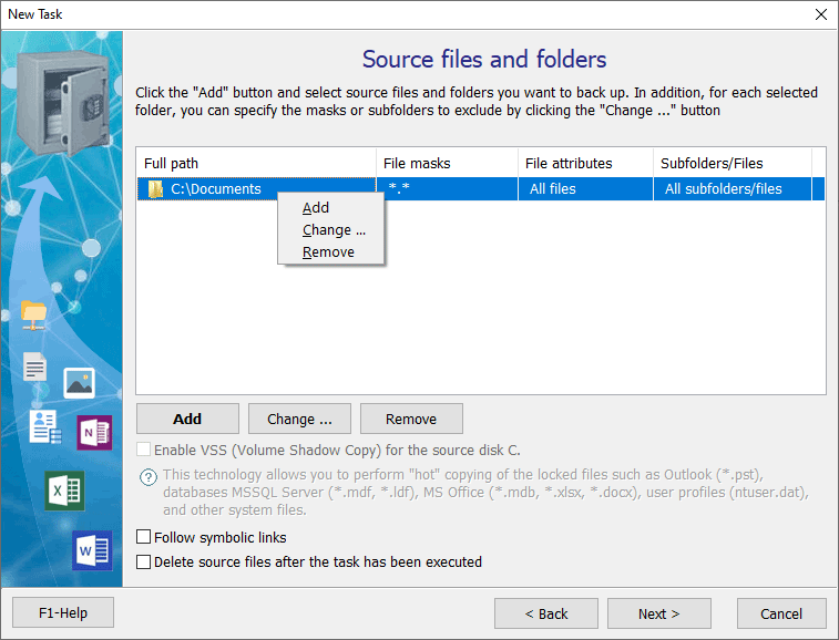 Source files and folders to sync