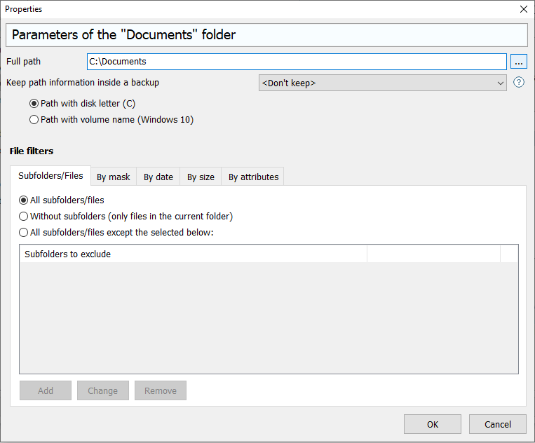 Selected source folder options
