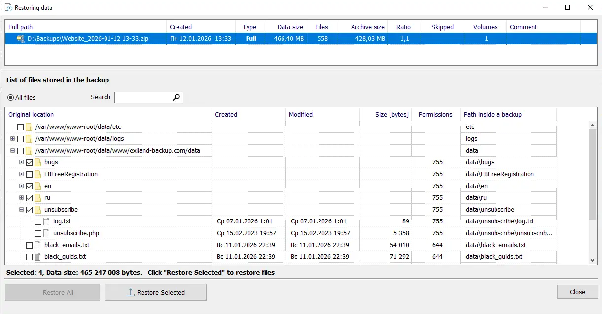 Restoring website files from a backup