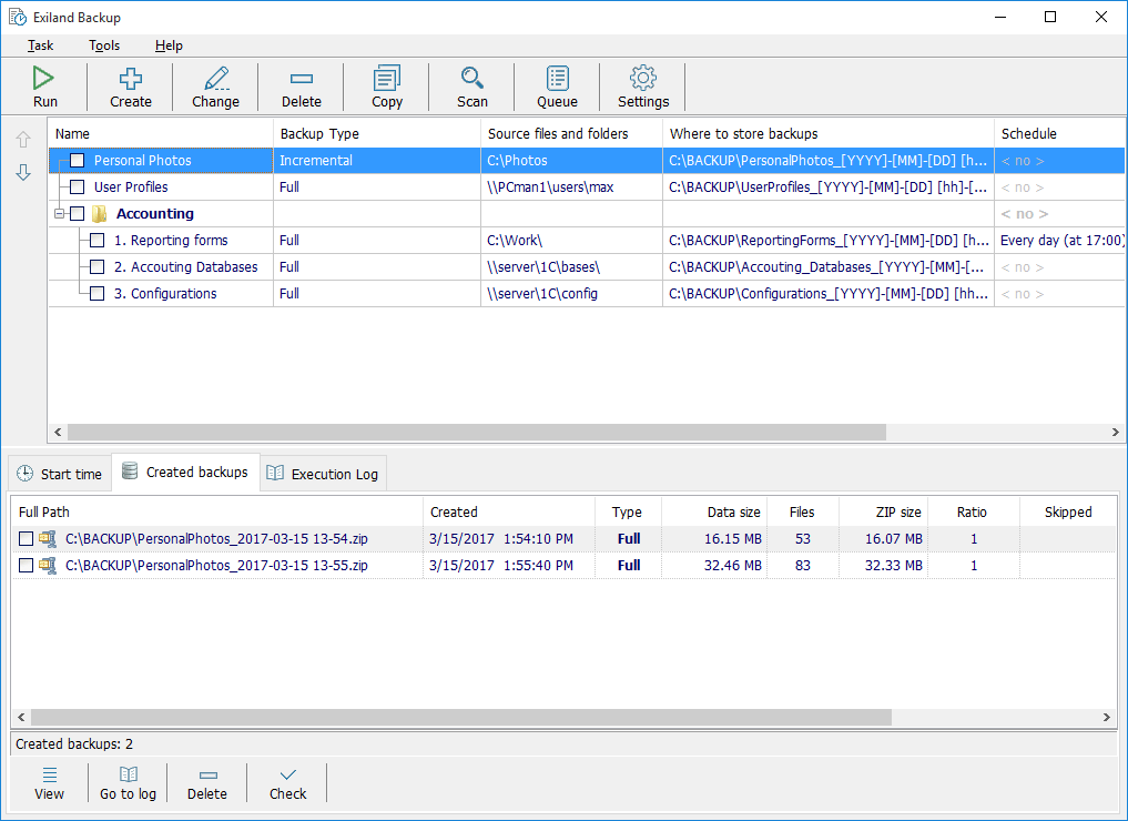 Beautiful files backup software - main window