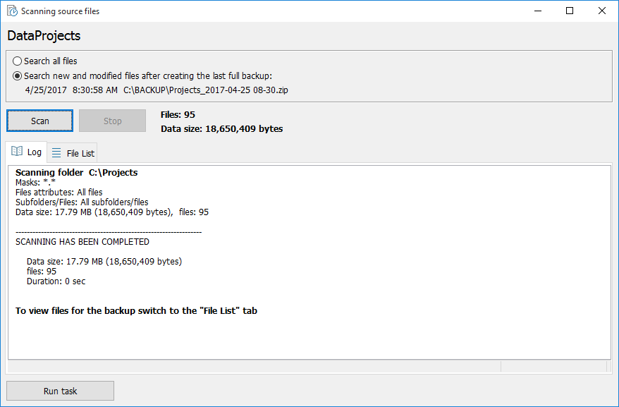 Preliminary estimation of the source size (Source files to backup)