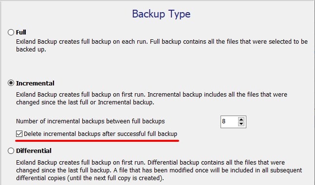 ability to delete incremental (differential) backups after a successful full backup