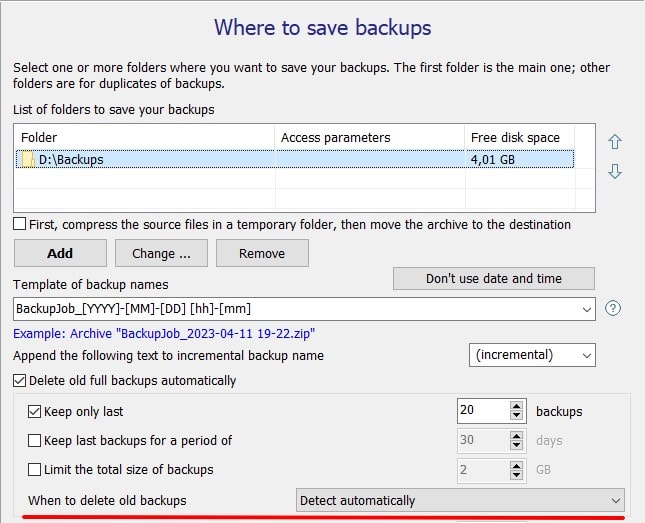 You can choose when to delete old backups