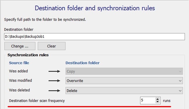 Destination folder scan frequency in synchronization rules