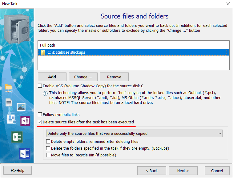 Choose source files and folders